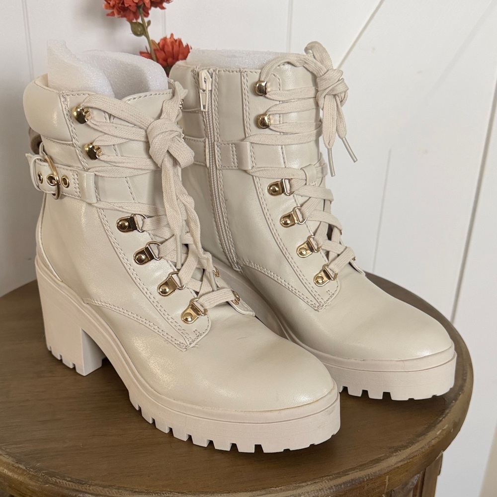 Wild Pair Bridgitt Lace-Up Side-Zip Lug-Sole Booties, Cream, Size 10
